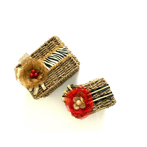 New Wicker Storage Box OOAK Handmade Red Flower - Picture 5 of 7